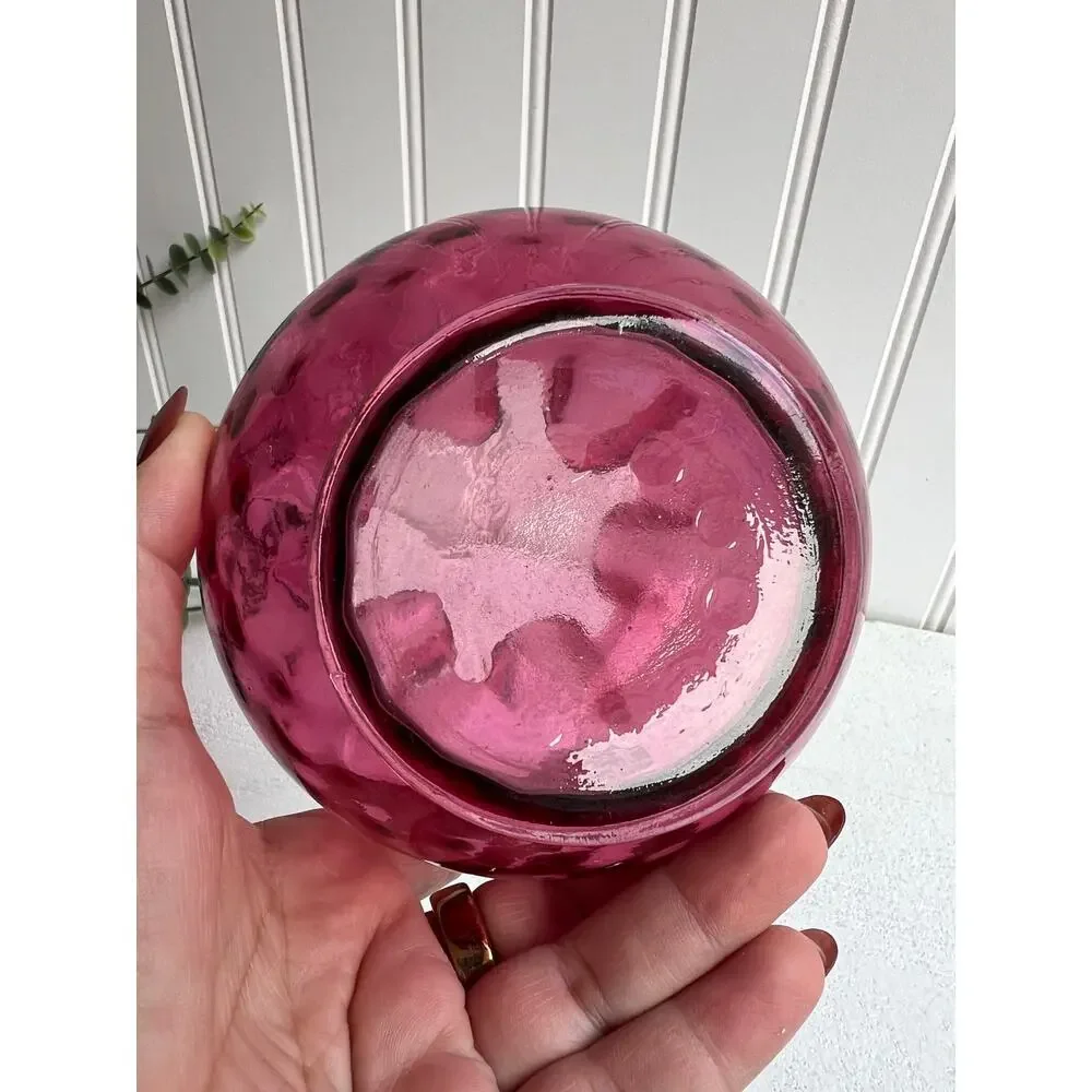 Vintage Cranberry Glass Rose Bowl with Crimped Edge | Optic Design